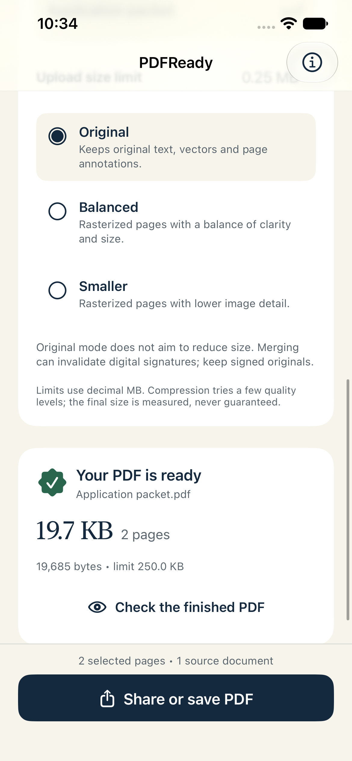 PDFReady measured 19.7 KB two-page Original-mode example against a custom 250.0 KB limit