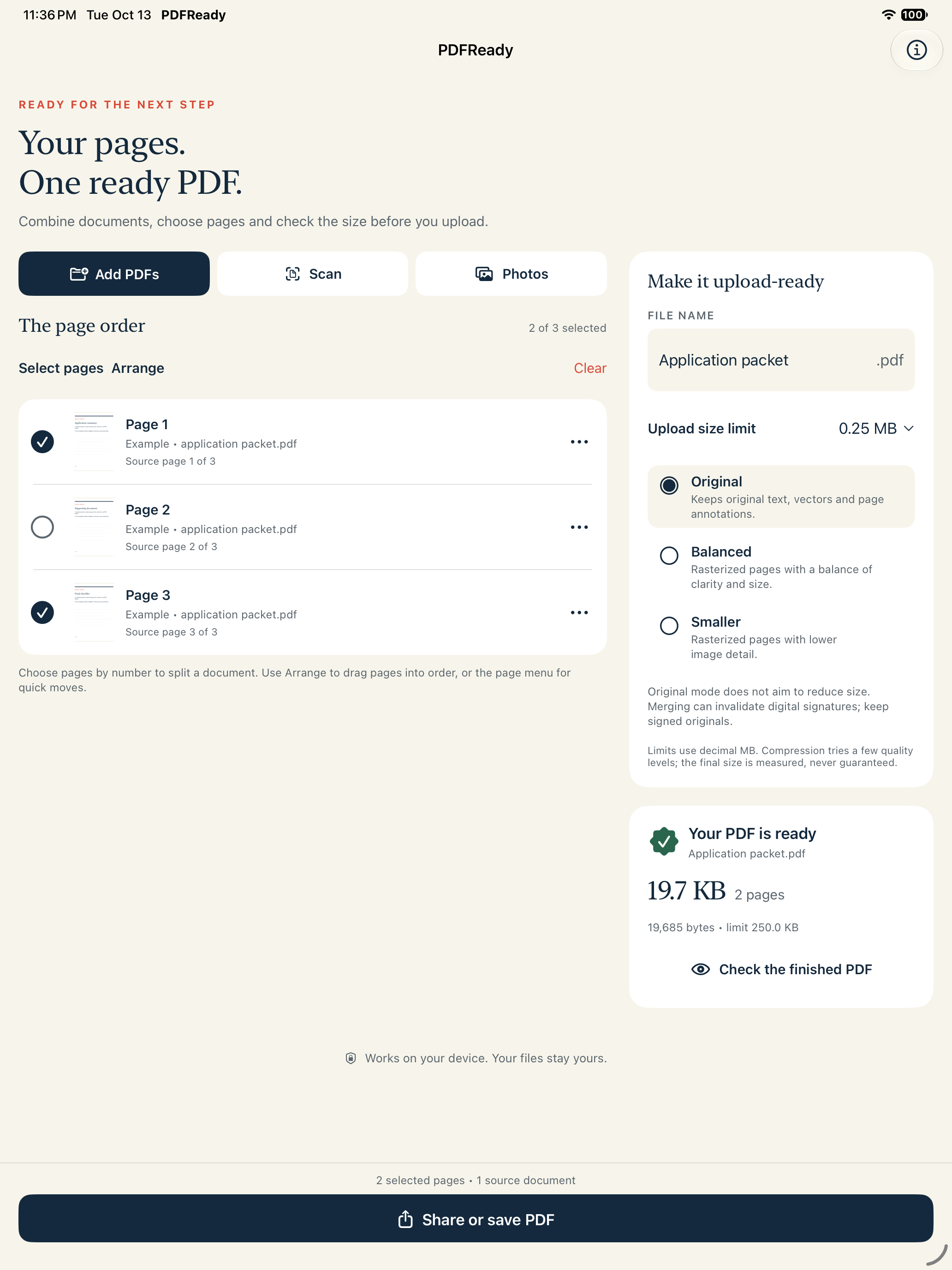 PDFReady native iPad workspace with two selected fictional example pages and a measured 19.7 KB Original-mode result