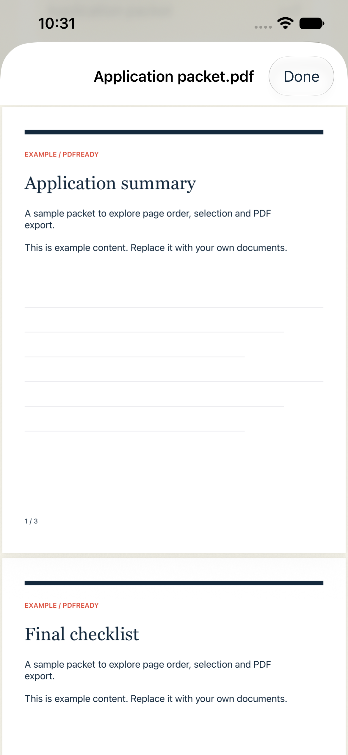 PDFReady preview screen with fictional example data